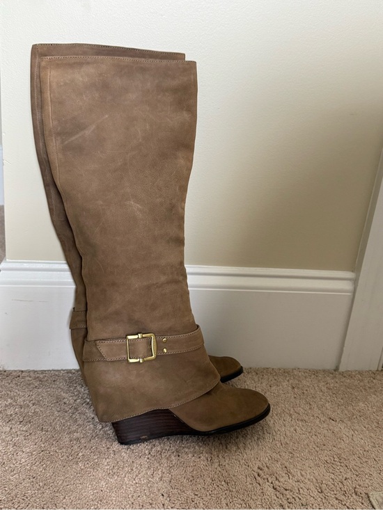 Vince Camuto Shoes - Vince Camuto Taupe Over-the-Knee Wedge Boots with Gold Buckle